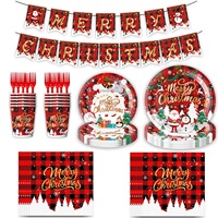 Ensemble de fournitures pour fête de Noël : bannières, assiettes en papier, gobelets, serviettes, couverts pour la décoration des fêtes