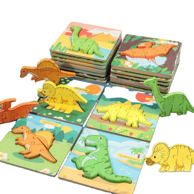 TS jual grosir edukasi anak-anak kayu hewan dinosaurus teka-teki hewan blok dinosaurus jigsaw puzzle disesuaikan