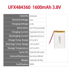 뜨거운 판매 UFX 484360 3.8V 1600mah 고전압 리튬 폴리머 충전식 <span class=keywords><strong>Lipo</strong></span> 배터리 PCB로 사용자 정의 - Product Image 2