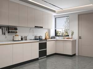 Armoires de cuisine modernes SANTOPOVA de couleur beige avec dosseret en marbre et four double intégré - Product Image 2