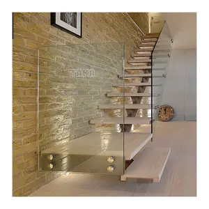 Customized Modern Indoor Small Space Wood StairTreads Stainless Steel Wooden Straight Staircase Glass stair case