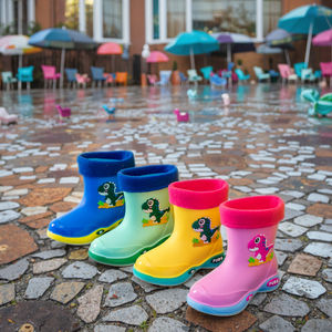 كرتون ديناصور مقاوم للماء حذاء مطر للأطفال بطانة مخملية دافئة قابلة للفصل مانعة للانزلاق طوال الموسم للتخييم في الهواء الطلق - Product Image 1