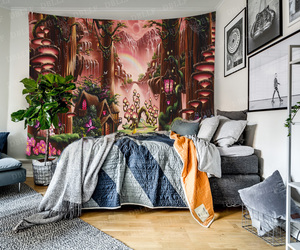 Гобелен «Грибной лес и Замок»: Сказочный, причудливый, красочный гобелен с бабочками для дома, общежития, фэнтезийного декора - Product Image 4