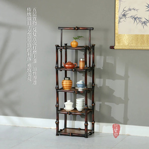 Zhuqige Bamboo Five Tier Tea Cabinet Storage <b>Rack</b> For Tea Ceremony Accessories Durable Standing Type Rectangle Rattan <b>Shelf</b> - Product Image 5