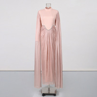 Robe élégante pour femme WIWT avec strass, plissée, manches longues, col montant, transparente, longueur au sol, robes de soirée décontractées pour femmes