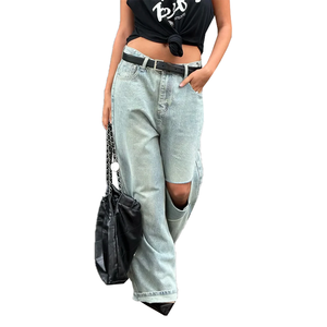 Wholesale Custom Logo Vintage Light Acid Wash Distressed Ripped Wide Leg Floor Sweep Straight Jeans Women Workwear <b>Denim</b> Pants - Product Image 1