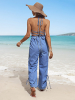 Combinaison Spaghetti décontractée d'été vintage pour femmes taille haute Denim col en v sans manches une pièce avec motif solide