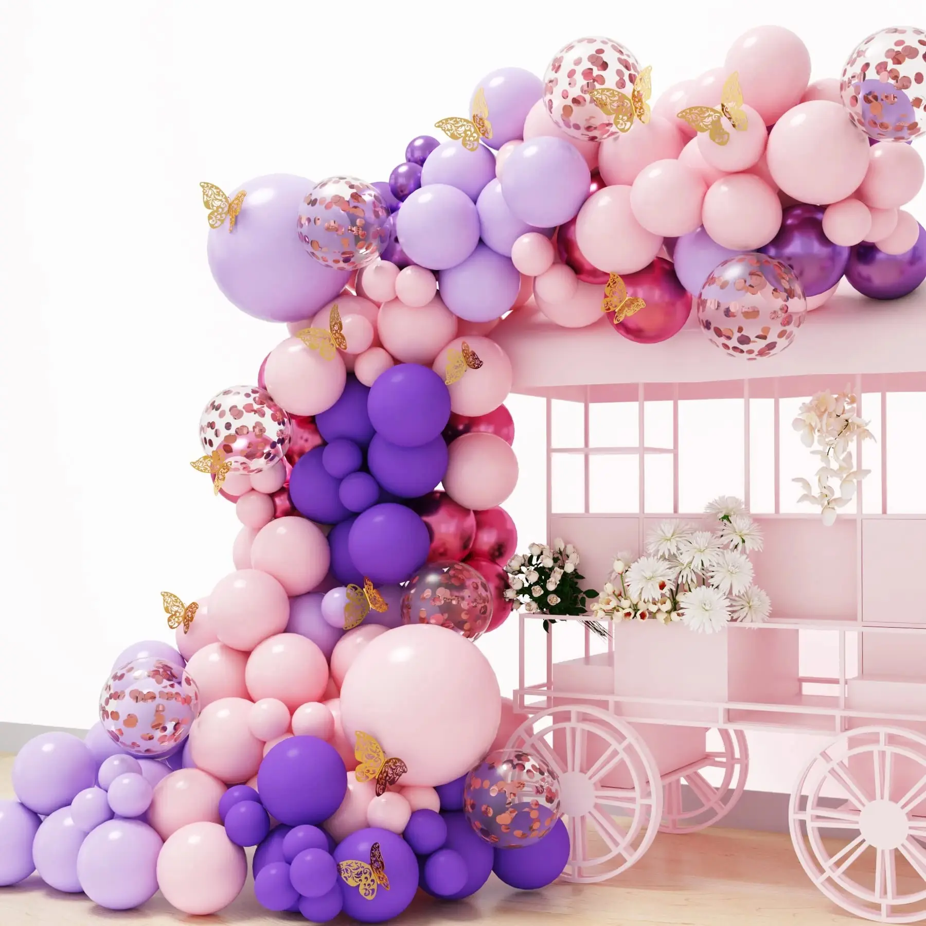 핑크 퍼플 마카롱 라텍스 풍선 세트 나비 스팽글 색종이 풍선 결혼식 생일 파티 축제 장식
