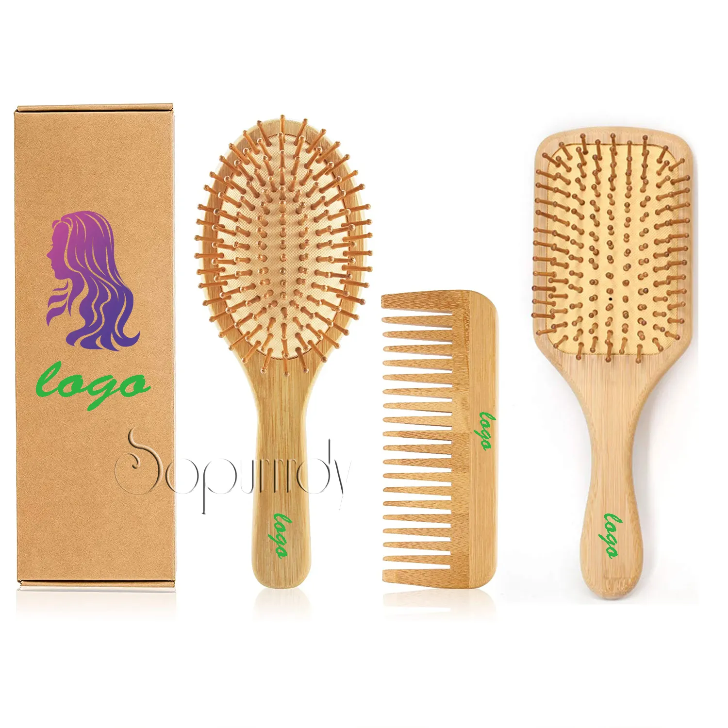 Low Moq Customized Eco-friendly Biodegradable Long Handle Natural Bamboo Wooden Massage Scalp Air Paddle Hair Brush
