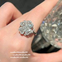 Set Perhiasan Fashion 4-pcs Set Kalung Anting Cincin Gelang Empat Daun Semanggi Dapat Diputar Berkilau Zirkon Perak untuk Wanita