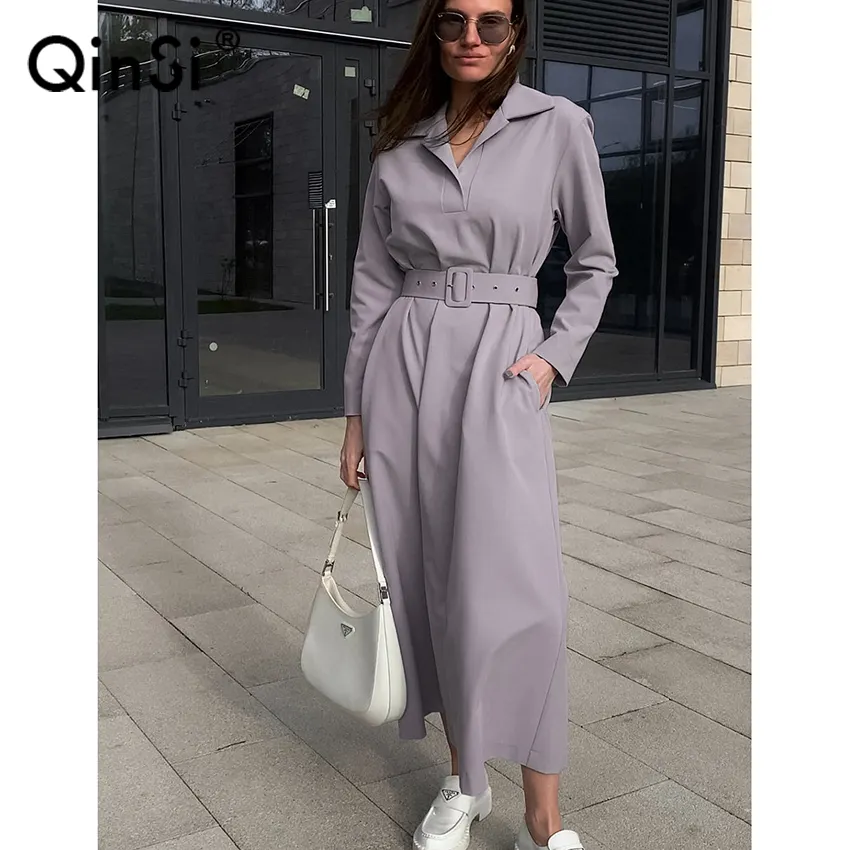 Bclout/QINSI Coat 2023 Fashion Outwear Ladies Long Dress Loose Long Sleeve Pleated Dress Sashes Tunic Women Long Dress
