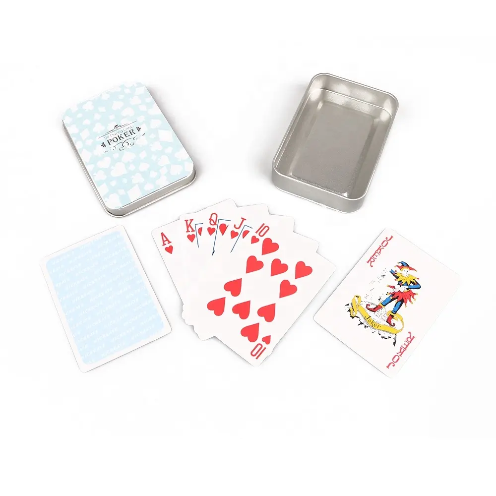 Custom Logo Branded Unique 280gsm Blue Core Paper Poker Playing Card Tin Box Metal Carte da gioco