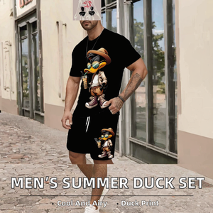 Conjunto Casual de Verano para Hombre con Cuello en V, Manga Corta, Pantalones Cortos y Estampado de Pato de Dibujos Animados, Tela Satinada Transpirable 100% Poliéster - Product Image 2