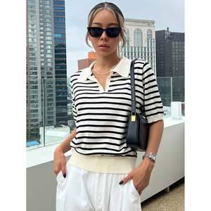 Women's Black and White Striped Polo Collar Short Sleeve 100% <b>Viscose</b> Knit <b>Top</b> - Product Image 6