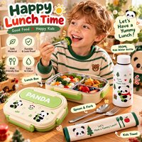 Ensemble repas scolaire imprimé panda avec bouteille à goulot étroit de 350 ml, boîte bento, serviette et couverts pour garçons et filles, ensemble boîte à lunch pour enfants