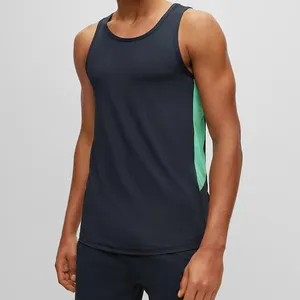 Atasan Tank top kebugaran Gym regang tinggi Logo khusus 90% poliester 10% spandeks warna kontras rompi pria