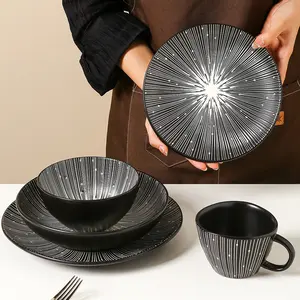 Wax Resist Modern Dishes Set Black Round Crockery Ceramic Dinnerware Sets For Dinner