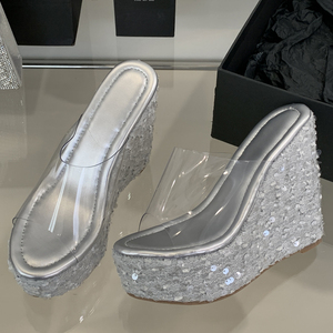 Prix d'usine Nouveauté 2025 Mode estivale Sandales à nœud brillantes en PVC, style mule à talon compensé, ultra-hautes, plateforme imperméable - Product Image 2