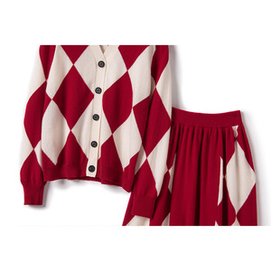 Cao cấp, khí quyển, lưới hoa văn jacquard v-cổ 100% Cashmere cardigan, một nửa cơ thể ô váy, Bộ Cashmere - Product Image 4