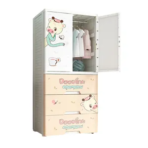 Cute Children Plastic Wardrobes With Drawers Living Room Furniture Multi-layer 2 Doors Open Baby Kids Kawaii Storage Closet