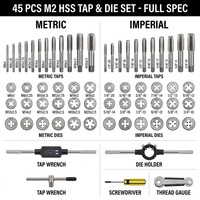 Jeu de tarauds et filières M2 HSS 45/76/110 pièces, métrique et impérial, en acier rapide, kit d'outils de filetage, avec logo OEM, coffret métallique