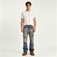 Jeans en denim brut taille haute coupe bootcut, vente en gros ODM, avec rivets, style Hip Hop, motif imprimé personnalisé, pour hommes
