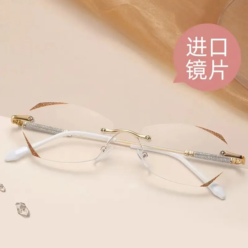 FANXUN TY195 नया रंगीन पाउडर रीडिंग चश्मा एचडी एंटी-ब्लू एंटी-थकान डायमंड ट्रिमिंग फैशन एजिंग रिमलेस चश्मा