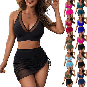 Nouvel ensemble bikini 2 pièces uni pour femmes européennes et américaines, maillot de bain sexy grande taille avec logo sur le devant - Product Image 1