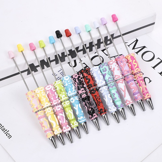 Wholesale Custom Design Reusable Plastic DIY Cream Hand-painted Bead Handmade Macaron Colored Cute Ballpoint Pens