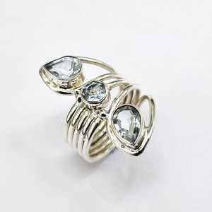 Bague en argent aigue-marine naturelle Pierres précieuses aigue-marine Statement925 Bague en argent massif Bague en argent à trois pierres pour les fiançailles des femmes - Product Image 4