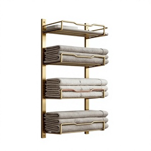<b>Wall</b> Mounted Metal Towel Rack Rectangle Minimalist Storage Bathroom Organizer Gold Finish Folded Towels Display - Product Image 1