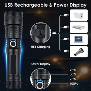 Lampes de poche LED rechargeables 1000 lumens, super lumineuses, puissantes, tactiques, zoomables, 5 modes, étanches, d'urgence, 12000 lumens - Product Image 3