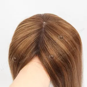 12 Inch Women's Short Human Hair Topper Hair Pieces Stylish Medium Brown with Light Brown Highlights Clip On Hair Topper
