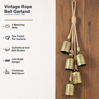 Guirlande de clochettes métalliques vintage avec corde en chanvre et jute pour la décoration de Noël, du sapin, de la couronne, de la porte, du mur et de la maison
