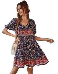 Kadın Boho Mini elbise yaz çiçek puf kollu V boyun Flowy gevşek rahat tatil elbiseler