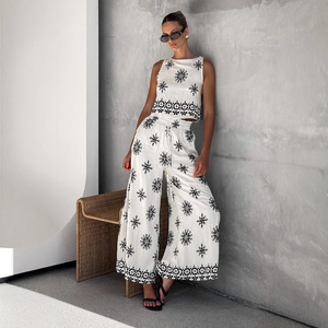 European American Fashion <b>Linen</b> Vest Wide Leg Pants <b>Set</b> White Smlxlxxl Casual Stylish Commute - Product Image 3