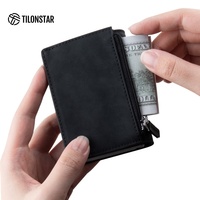 Dompet Lipat Aluminium TILONSTAR TVC902 Dengan Kantong Koin Resleting, Perlindungan RFID, Tempat Kartu ID Kulit Mewah