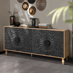 Black Carved Symmetrical Design <b>Door</b> Wood Coloured Frame Tv <b>Stand</b> Living Room Entryway - Product Image 1