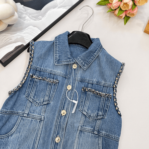 Chaleco vaquero sin mangas para mujer con ribete de tweed, abotonado, corto, informal, a la moda, con bolsillos, para ropa de calle - Product Image 4