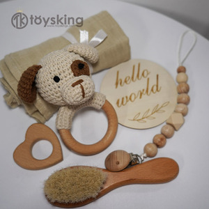 100% hecho a mano Amigurumi lindo cachorro <span class=keywords><strong>perro</strong></span> ganchillo juguete suave sonajero de <span class=keywords><strong>madera</strong></span> <span class=keywords><strong>mordedor</strong></span> infantil - Product Image 3