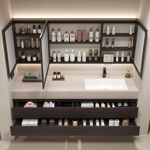 Ensemble de meuble-lavabo double moderne avec miroir LED, armoire haute de salle de bain, grand rangement, unité sur pied - Product Image 3