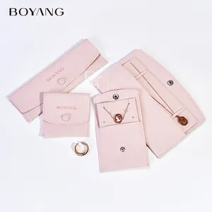 Boyang Custom Microfiber Jewelry Gift Pouches Ring Earrings Necklace Bracelet Jewelry Packaging Bag With Flap Button