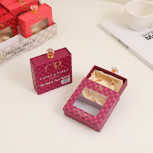 Boîtes à bijoux de luxe en carton carré imprimées par estampage à chaud personnalisées avec fenêtre transparente, tiroir coulissant pour boucles d'oreilles, poignée en pierre - Product Image 4