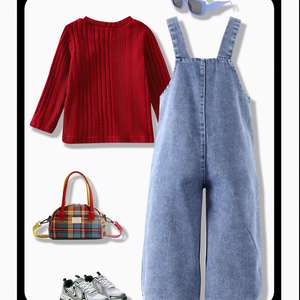 Conjunto <span class=keywords><strong>de</strong></span> Primavera/Otoño para Niñas, Top Rojo <span class=keywords><strong>de</strong></span> Punto Acanalado, Bonitos Pantalones con Tirantes <span class=keywords><strong>de</strong></span> Cereza, Atuendo Dulce <span class=keywords><strong>y</strong></span> Encantador - Product Image 4