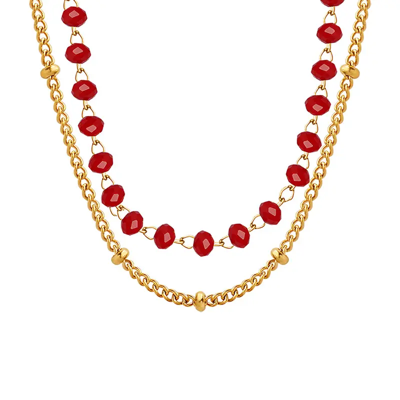 Mode vergoldete Edelstahl Glasperlen gespleißt Doppels chicht Choker Halskette Schmuck für Frauen