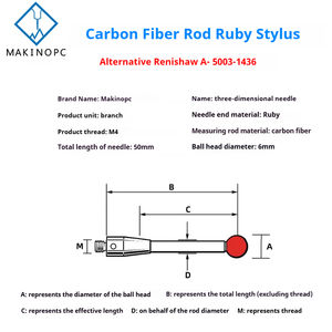 Renishaw ก้านสไตลัสหัว A-5003-1436 3D ขนาด6.0รูบี้50มม. M4ยาวคาร์บอนไฟเบอร์สำหรับอุตสาหกรรมเครื่องมิลลิ่ง - Product Image 3