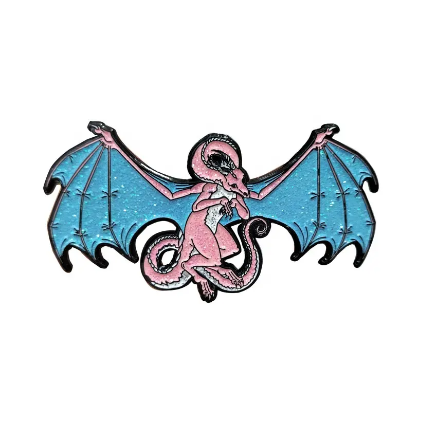 Metal rozeti şeklinde karikatür ejderha bu istiyor ile uçmaya açık kanatları glitter yumuşak emaye iğne özel