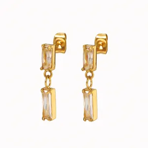 2023 Trendy18K Gold Plated Rectangular Zircon Chain Drop Earrings Stainless Steel Cubic Zirconia Baguette Stud for Women