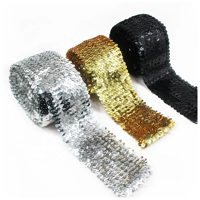 75 mm Wide Gold PET Sequins Lace Fabric 8 Rows Beaded Sequined Ribbon Elastic Stretch Webbing Trims for Costume Dresses