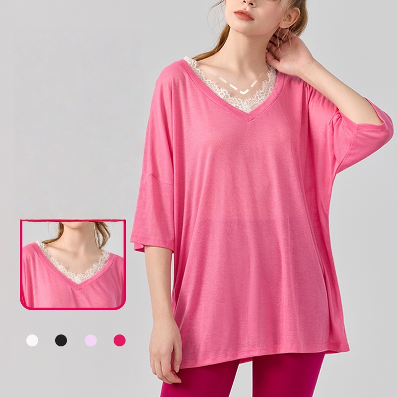 New Style Pilates Yoga Wear V Neck Lace Wear Solid Color Short Sleeve T Shirt Sports Fitness Top